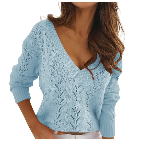 Women's And Winter Fashion Solid Color Hollow V-Neck Long Sleeve Knit Sweater, Elegant and Breathable Design, Perfect for Layering, Comfortable V-Neck Sweater for Women,Light Blue,L