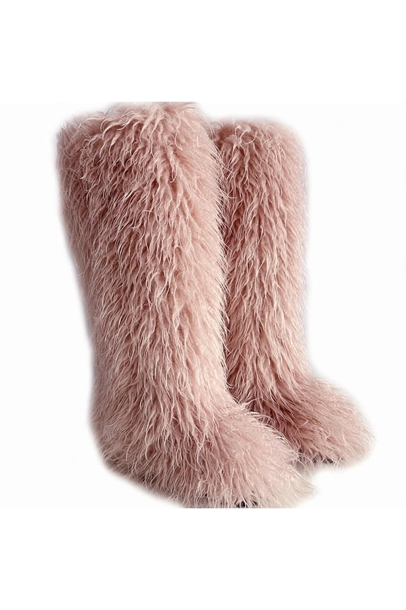 Women's Winter Faux Fur Beach Wool Boots Are Warm Fluffy and Knee High Snow Boots