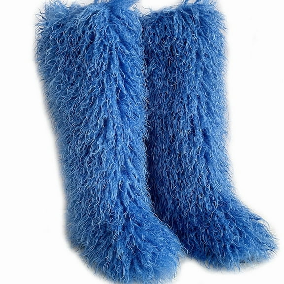 Women's Winter Faux Fur Beach Wool Boots Are Warm Fluffy and Knee High Snow Boots