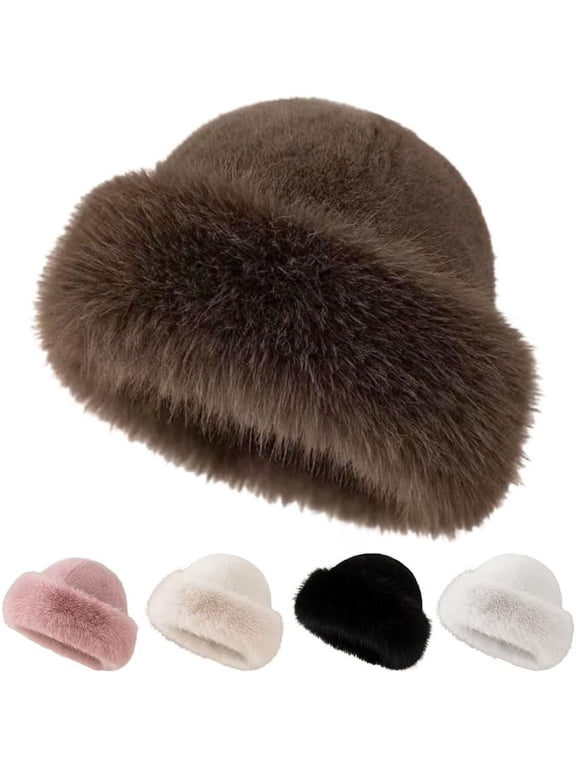 Women's Winter Faux Fur Bucket Hat, Fluffy Plush Fisherman Hat with Ear Coverage, Warm Soft Fuzzy Bucket Hat for Cold Weather, One Size Fits Most
