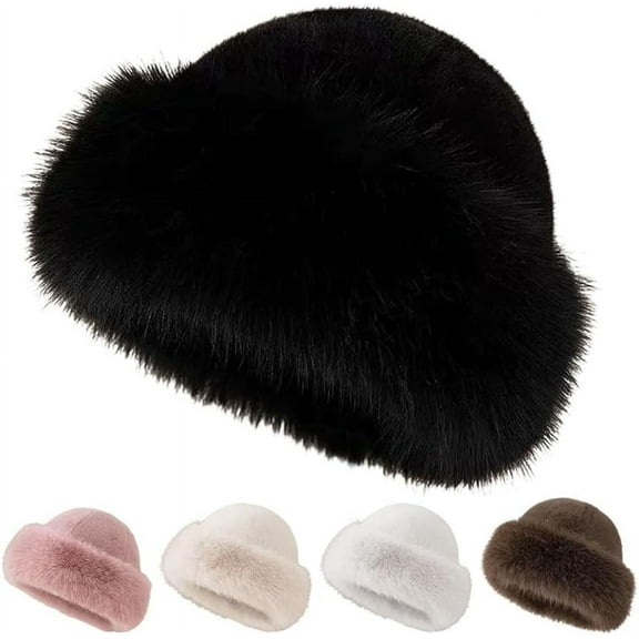 Women's Winter Faux Fur Bucket Hat, Fluffy Plush Fisherman Hat with Ear Coverage, Warm Soft Fuzzy Bucket Hat for Cold Weather, One Size Fits Most