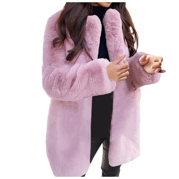 Women's Winter Faux Fur Coat - Long-Sleeve Lapel Solid Color Warm Outerwear, Pink, 4XL