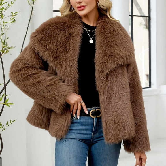 Women's Winter Faux Fur Coat with Turn Down Collar Long Sleeve Warm Jacket Outerwear for Ladies Casual Plus Size