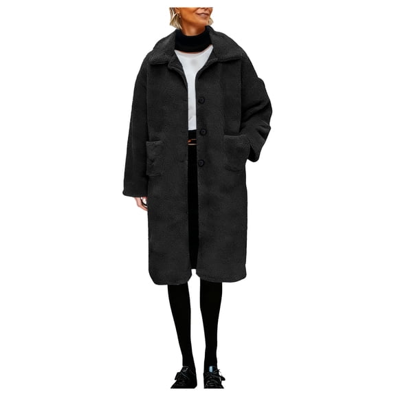 Women's Winter Faux Fur Coats Long Sleeve Lapel Button Down Fleece Sherpa Jacket Casual Trendy Outerwear with Pockets