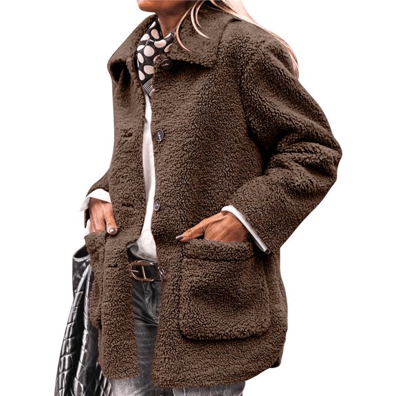 Women's Winter Faux Fur Coats Long Sleeve Lapel Button Down Pockets Fleece Jacket Casual Trendy Outerwear Brown S