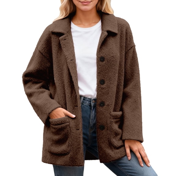Women's Winter Coats Long Sleeve Lapel Button Down Pockets Sherpa Jacket Casual Trendy Outerwear
