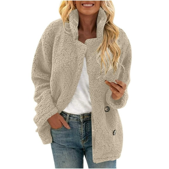 Women's Winter Faux Fur Coats, Yigetop Women Oversized Jacket Fuzzy Open Front Cardigan Collared Fleece Coats Soft Warm Button Trim Sweater Faux Fur Jacket Women Khaki 3XL