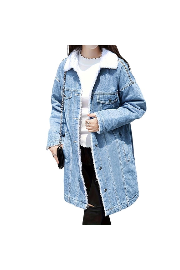 Women's Winter Faux Fur Collar Long Denim Coat Trucker Jacket Light Blue XXL