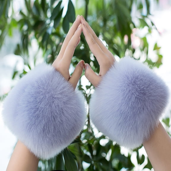 Women's Winter Faux Fur Cuff Sleeves, Thickened Plush Wrist Warmers, Fingerless Glove Hand Protectors, Windproof Arm Warmers for Cold Weather, Soft Elastic Wrist Covers - Light Blue