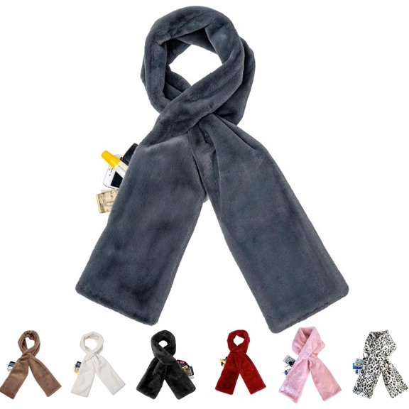 Women's Winter Faux Fur Scarf with Hidden Zipper Pocket, Soft Cozy Windproof Warm Aesthetics Practicality