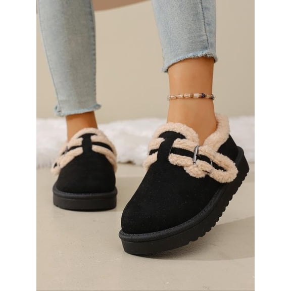 Women's Winter Faux Shearling Lined Clogs, Platform Faux Suede Mules with Metal Buckle