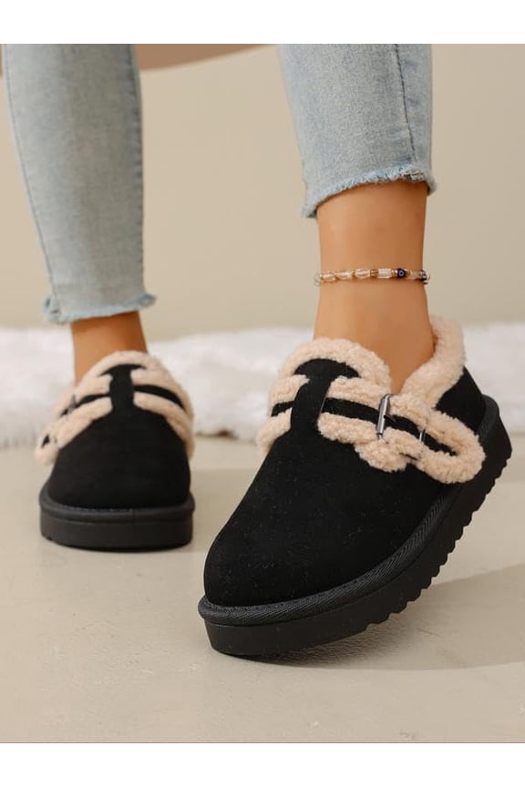 Women's Winter Faux Shearling Lined Clogs, Platform Faux Suede Mules with Metal Buckle