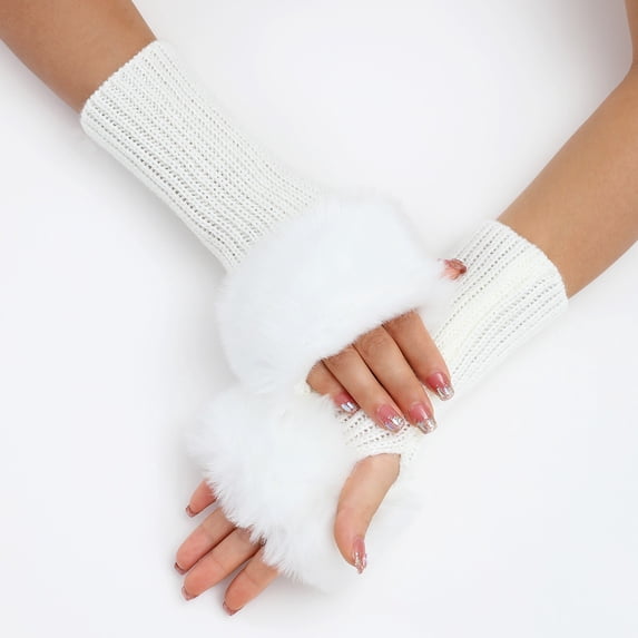 Women's Winter Fingerless Gloves with Fuzzy Faux Furry Cuff Warm Half Finger Hand Warmers for Daily Wear Party
