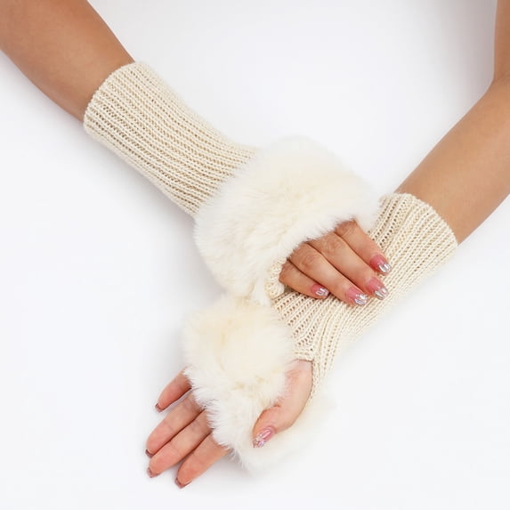 Women's Winter Fingerless Gloves with Fuzzy Faux Furry Cuff Warm Half Finger Hand Warmers for Daily Wear Party