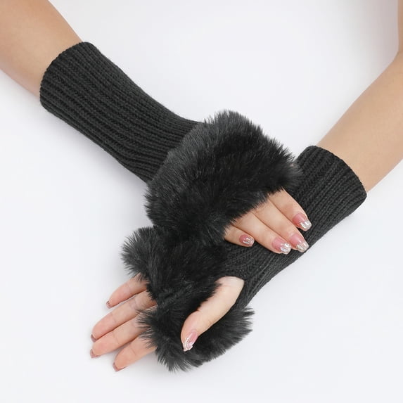 Women's Winter Fingerless Gloves with Fuzzy Faux Furry Cuff Warm Half Finger Hand Warmers for Daily Wear Party