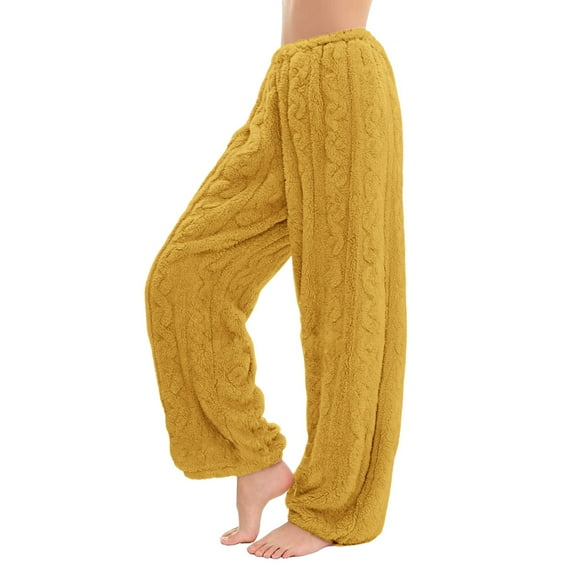 Women's Winter Flannel Coral Fleece Pants, Outdoor Friendly Strolling Pants, Thickened Warm Sleepwear Bottoms for Lazy Days and Home Comfort, Elastic Waist Lounge Pants Yellow XXL