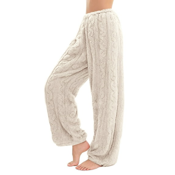 Women's Winter Flannel Coral Fleece Pants, Outdoor Friendly Strolling Pants, Thickened Warm Sleepwear Bottoms for Lazy Days and Home Comfort, Elastic Waist Lounge Pants Beige L