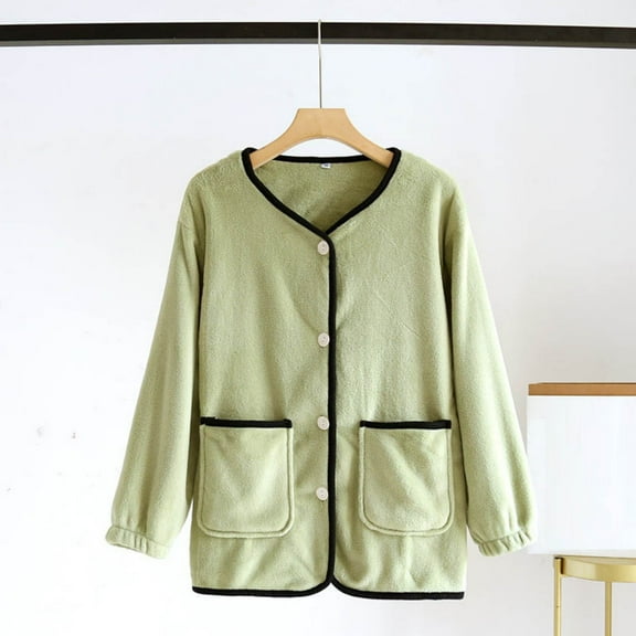 Women's Winter Flannel Jacket Fuzzy Fleece Pajama Tops Long Sleeve Warm Sleepwear Button up Coat with Pockets New Long Sleeve Pajamas Tops for Women Green XL