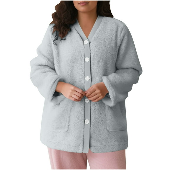 Women's Winter Flannel Thickened Plaid & Solid Color Long Sleeve Cardigan Single Piece Pajama Loungewear Top for Home Daily Wear