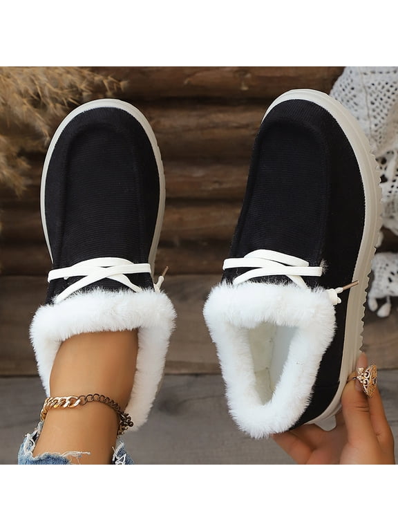 Women's Winter Flat Lace Up Round Toe Cotton Shoes with Warm Fleece Lining, Breathable Upper for Cold Weather Comfort, Casual Warm Sneakers for Daily Outdoor Walking