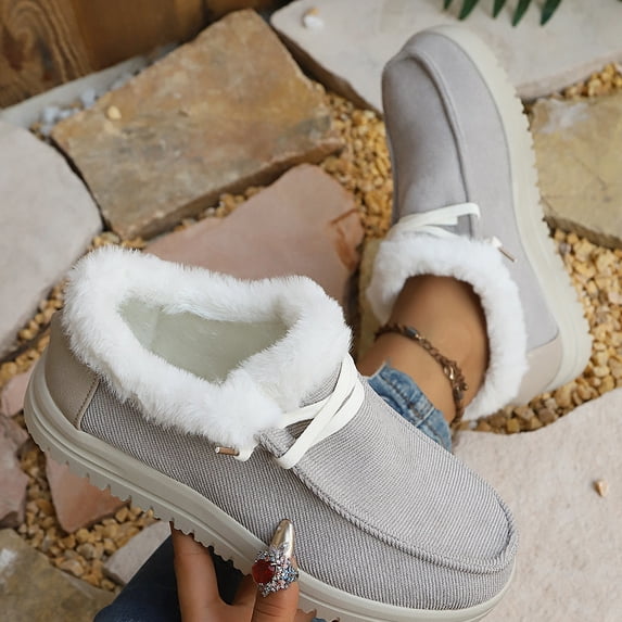 Women's Winter Flat Lace Up Round Toe Cotton Shoes with Warm Fleece Lining, Breathable Upper for Cold Weather Comfort, Casual Warm Sneakers for Daily Outdoor Walking