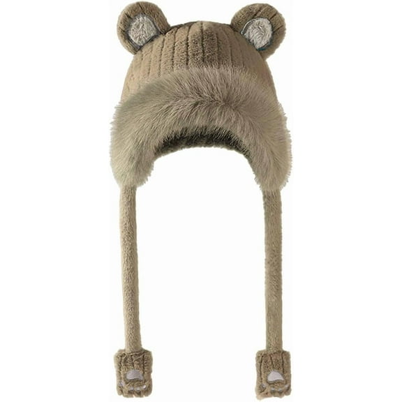 Women's Winter Fleece Hat Cute Bear Ear Beanie Thickened Ear Protection Windproof Cold Proof Head Wrap Hat