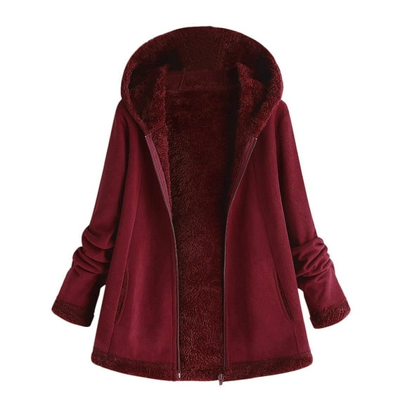 Women's Winter Fleece Hooded Jacket - Zipper Front Pocket Warm Outerwear, Burgundy, 3XL