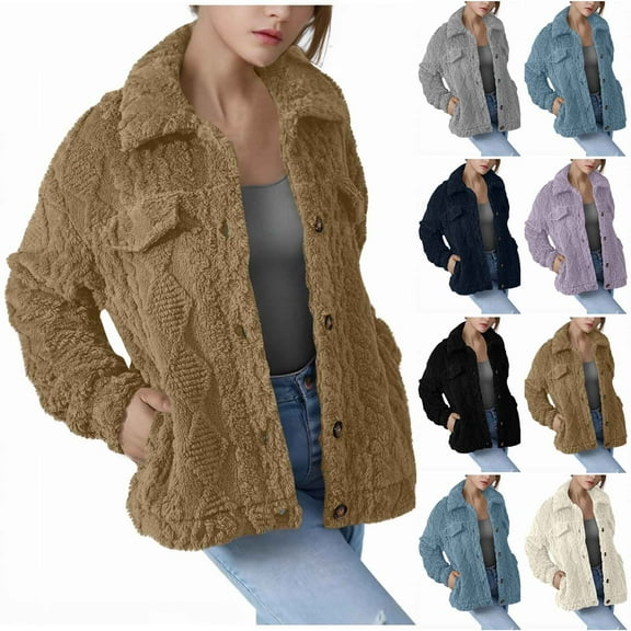 Women's Winter Fleece Jacket Long Sleeve Lapel Button Down Coats Trendy Sherpa Jacket Casual Outerwear with Pockets