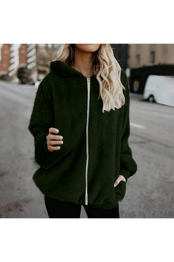 Women's Winter Fleece Jacket - Women Winter Long Sleeve Hooded Sweatshirts with Pockets Full Zip Hoodies with Pockets Lightweight Fuzzy Fleece Fall Jackets Sweater Coat Outerwear Army Green 3XL