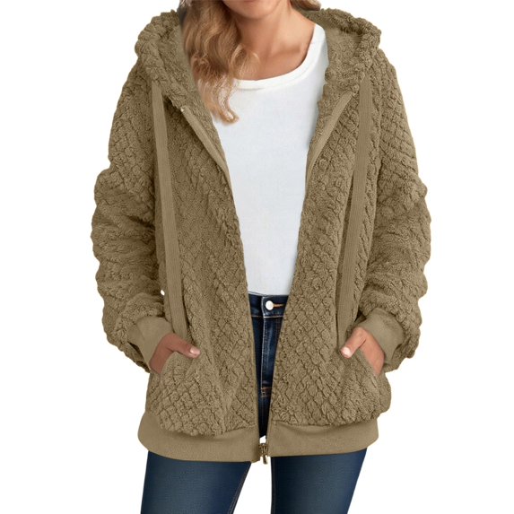 Women's Winter Fleece Jacket Zip Up Hooded Sherpa Fuzzy Coat Solid with Pockets Warm Fluffy Outerwear