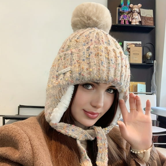 Women's Winter Fleece-Lined Knit Hat - Thick and Warm with Earflaps and Fluffy Pom-Pom, Hand Washable and Portable Design, Women's Winter Hat with Ear Protection