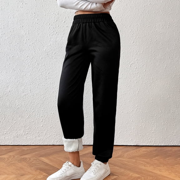 Women's Winter Fleece Lined Sweatpants, Lamb Wool Ankle Cuff Joggers, Thick Thermal Lounge Pants, Loose Fit Casual Pants, Comfortable Everyday Wear, Fashionable Winter Bottoms Black