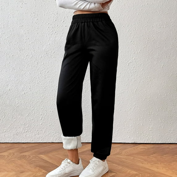 Women's Winter Fleece Lined Sweatpants, Lamb Wool Ankle Cuff Joggers, Thick Thermal Lounge Pants, Loose Fit Casual Pants, Comfortable Everyday Wear, Fashionable Winter Bottoms Black