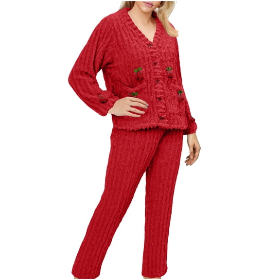 Women's Winter Fleece Pajama Set, Soft Fuzzy Cute Loungewear Long Sleeve V-Neck Button Cardigan Long Pants Warm Sleepwear Home Wear Red S