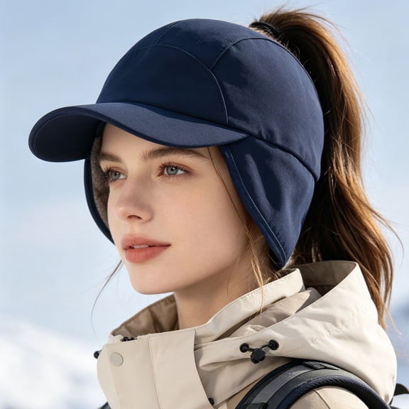Women's Winter Fleece Ponytail Baseball Cap, Drop-Down Ear Warmer Visor Hat for Women, High Ponytail Running Hiking Outdoor Warm Duckbill Cap, Elastic Fleece Cap for Daily Cold Weather Wear Navy