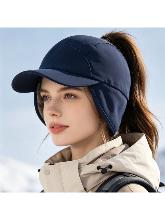 Women's Winter Fleece Ponytail Baseball Cap, Drop-Down Ear Warmer Visor Hat for Women, High Ponytail Running Hiking Outdoor Warm Duckbill Cap, Elastic Fleece Cap for Daily Cold Weather Wear Navy