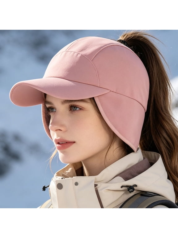 Women's Winter Fleece Ponytail Baseball Cap, Drop-Down Ear Warmer Visor Hat for Women, High Ponytail Running Hiking Outdoor Warm Duckbill Cap, Elastic Fleece Cap for Daily Cold Weather Wear Pink