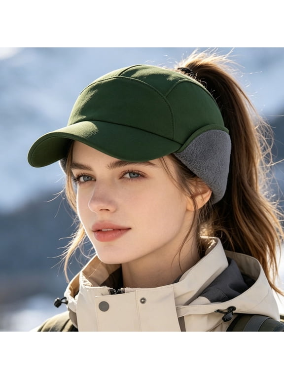 Women's Winter Fleece Ponytail Baseball Cap, Drop-Down Ear Warmer Visor Hat for Women, High Ponytail Running Hiking Outdoor Warm Duckbill Cap, Elastic Fleece Cap for Cold Weather Wear Blackish Green