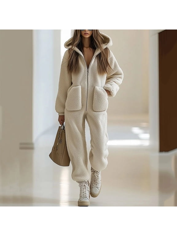 Women's Winter Fleece Ski Jumpsuit with Zippered Pockets, Warm Insulated Snowsuit for Skiing, Sledding, or Snow Tubing, All-in-One | CSEONE,Beige S
