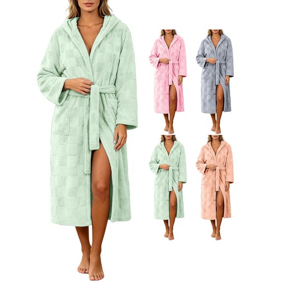 Women's Winter Fleece Sleep Robe Cozy Flannel Hooded Bathrobe with Pockets & Cinched Waist