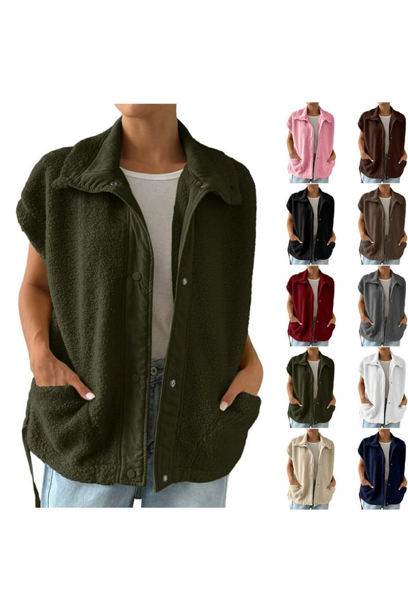 Women's Winter Fleece Sleeveless Short Jacket Coat Outerwear with Pockets Button Up Solid Color Warm Thickened Casual Fashion | CSEONE,Army Green L