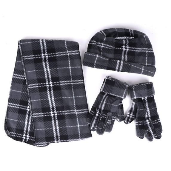 Women's Winter Fleece Winter Set-Polyester Fleece Hat, Gloves, and Scarf Set for Cold Weather (Black Plaid)
