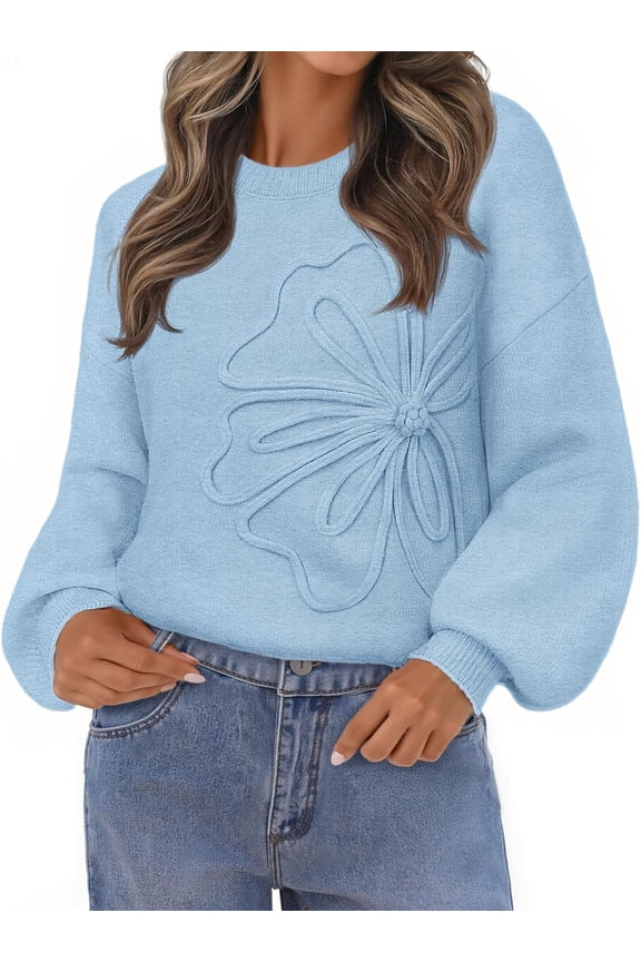 Women's Winter Floral Sweater Crew Neck Lantern Sleeve 2025 Fall Trendy Warm Chunky Oversized Pullover Tops