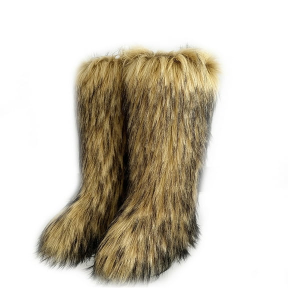 Women's Winter Fluffy Faux Fur Knee High Snow Boots Warm Plush Furry Boots