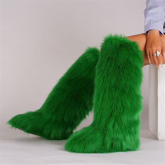 Women's Winter Fluffy Faux Fur Knee High Snow Boots Warm Plush Furry Outdoor Comfy Boots Y2K