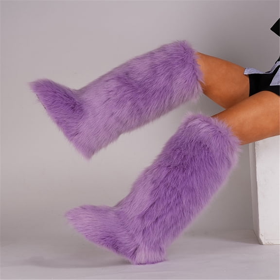 Women's Winter Fluffy Faux Fur Knee High Snow Boots Warm Plush Furry Outdoor Comfy Boots Y2K