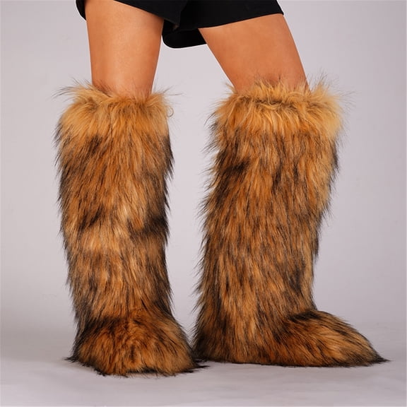 Women's Winter Fluffy Faux Fur Knee High Snow Boots Warm Plush Furry Outdoor Comfy Boots Y2K