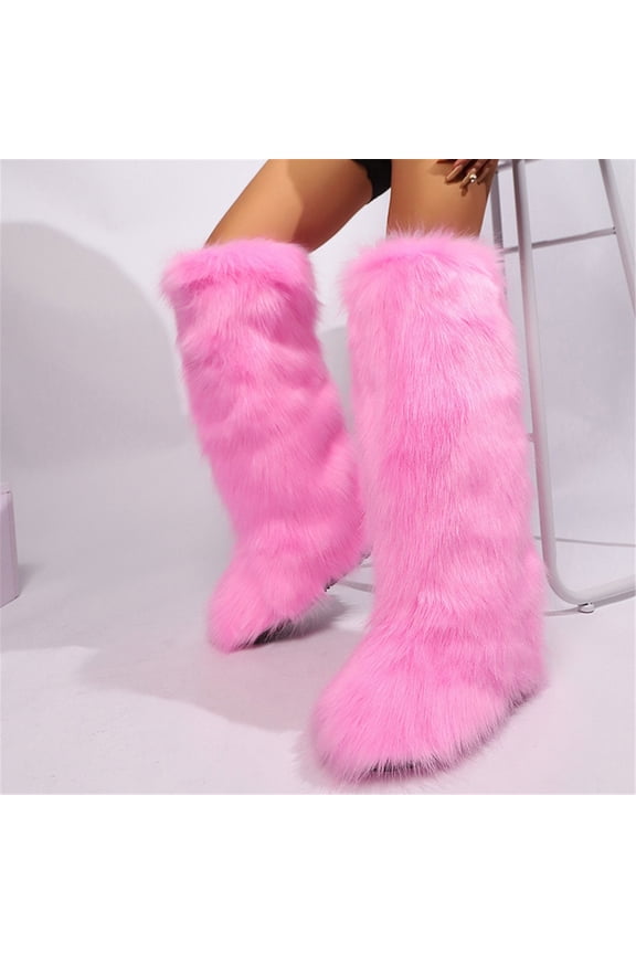 Women's Winter Fluffy Faux Fur Knee High Snow Boots Warm Plush Furry Outdoor Comfy Boots Y2K