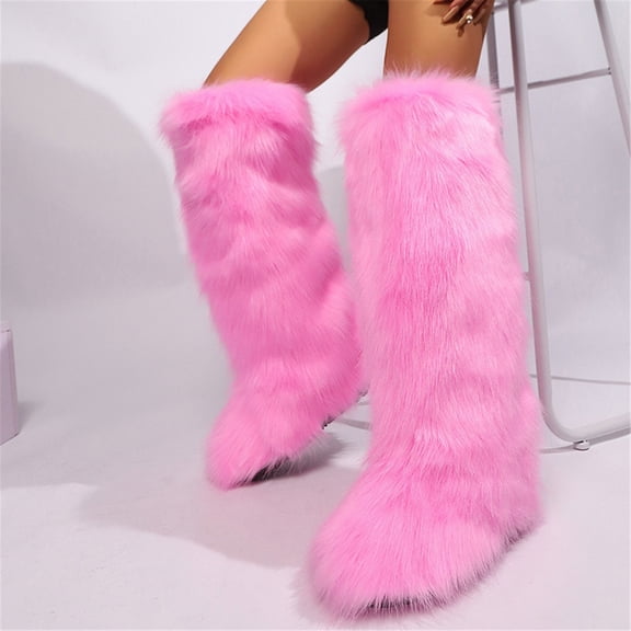 Women's Winter Fluffy Faux Fur Knee High Snow Boots Warm Plush Furry Outdoor Comfy Boots Y2K