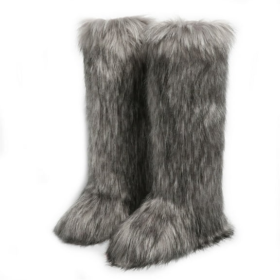 Women's Winter Fluffy Faux Fur Knee High Snow Boots Warm Plush Furry Outdoor Y2K Boots